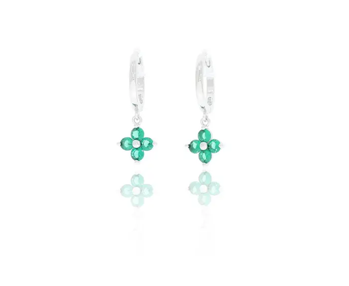 זוג עגילי כסף 925 3 אבנים חישוק ירוק