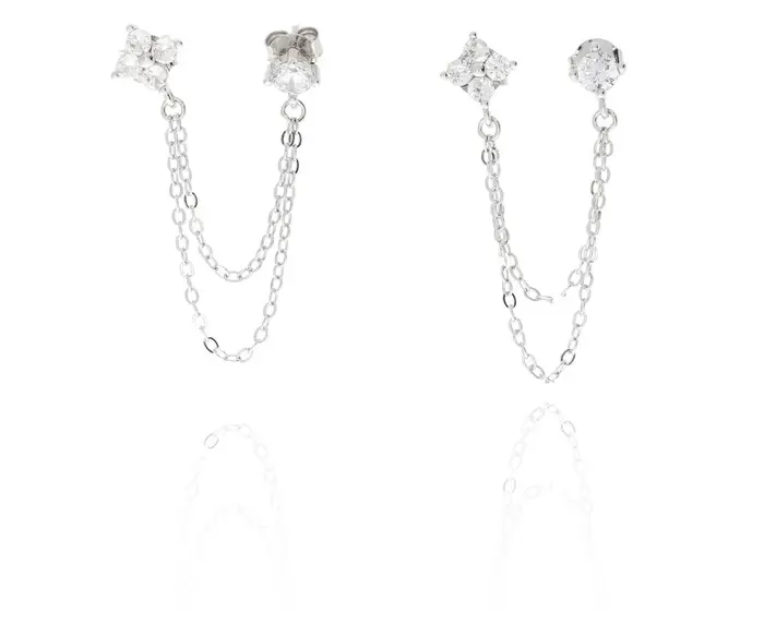 עגיל כסף 2 חורים נופל פרח כסף