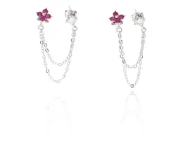 עגיל כסף 2 חורים נופל פרח ורוד