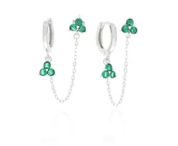 עגיל כסף 2 חורים נופל ירוק