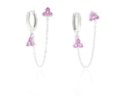 עגיל כסף 2 חורים נופל ורוד