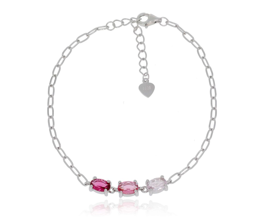 צמיד כסף 3 אבנים ורוד/ירוק